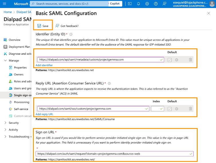 Screenshot of the Basic SAML Configuration pane in Microsoft Azure with populated Identifier, Reply URL, and Sign on URL fields highlighted in orange boxes, along with an orange box around the 'Save' button on the top toolbar.