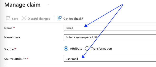 Screenshot of the Azure Manage claim page featuring a blue arrow pointing to 'Email' entered in the Name field and 'user.mail' entered in the Source attribute field.