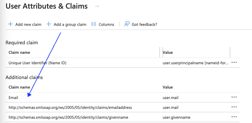 Screenshot of the Azure User Attributes & Claims page featuring a blue arrow pointing to the newly added 'Email' claim mapped to 'user.mail' under the Additional claims section.