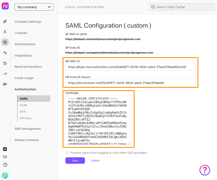 Screenshot of the Dialpad SAML Configuration (custom) page with orange boxes highlighting the populated IdP SSO Url, IdP Entity ID (Issuer), and Certificate text area, along with a purple 'Save' button below.