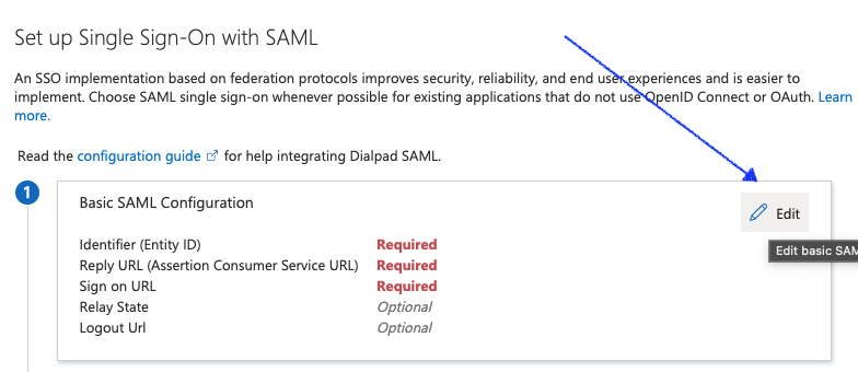 Screenshot of section 1, "Basic SAML Configuration," on the Azure "Set up Single Sign-On with SAML" page, featuring a blue arrow pointing to the "Edit" button with a pencil icon located in the top-right corner of the configuration box.