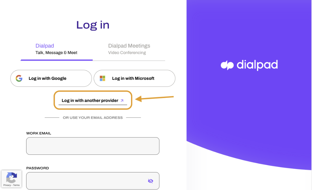 Screenshot of the Dialpad login page featuring an orange box and arrow highlighting the 'Log in with another provider' link situated beneath the Google and Microsoft login options.