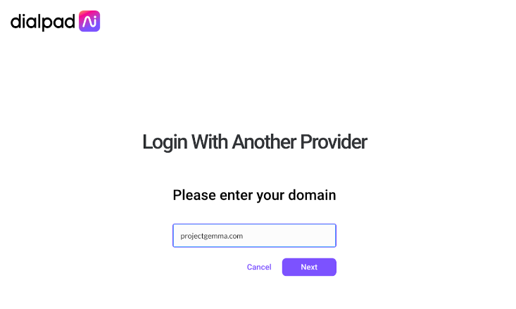 Screenshot of the Dialpad 'Login With Another Provider' screen displaying 'projectgemma.com' entered into the domain text box, above 'Cancel' and purple 'Next' buttons.