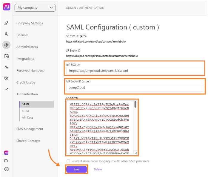 Screenshot of the Dialpad SAML Configuration (custom) page with orange boxes highlighting the populated IdP SSO Url (https://sso.jumpcloud.com/saml2/dialpad), IdP Entity ID (Issuer) set to JumpCloud, the Certificate text area, and an orange arrow pointing to the purple Save button.