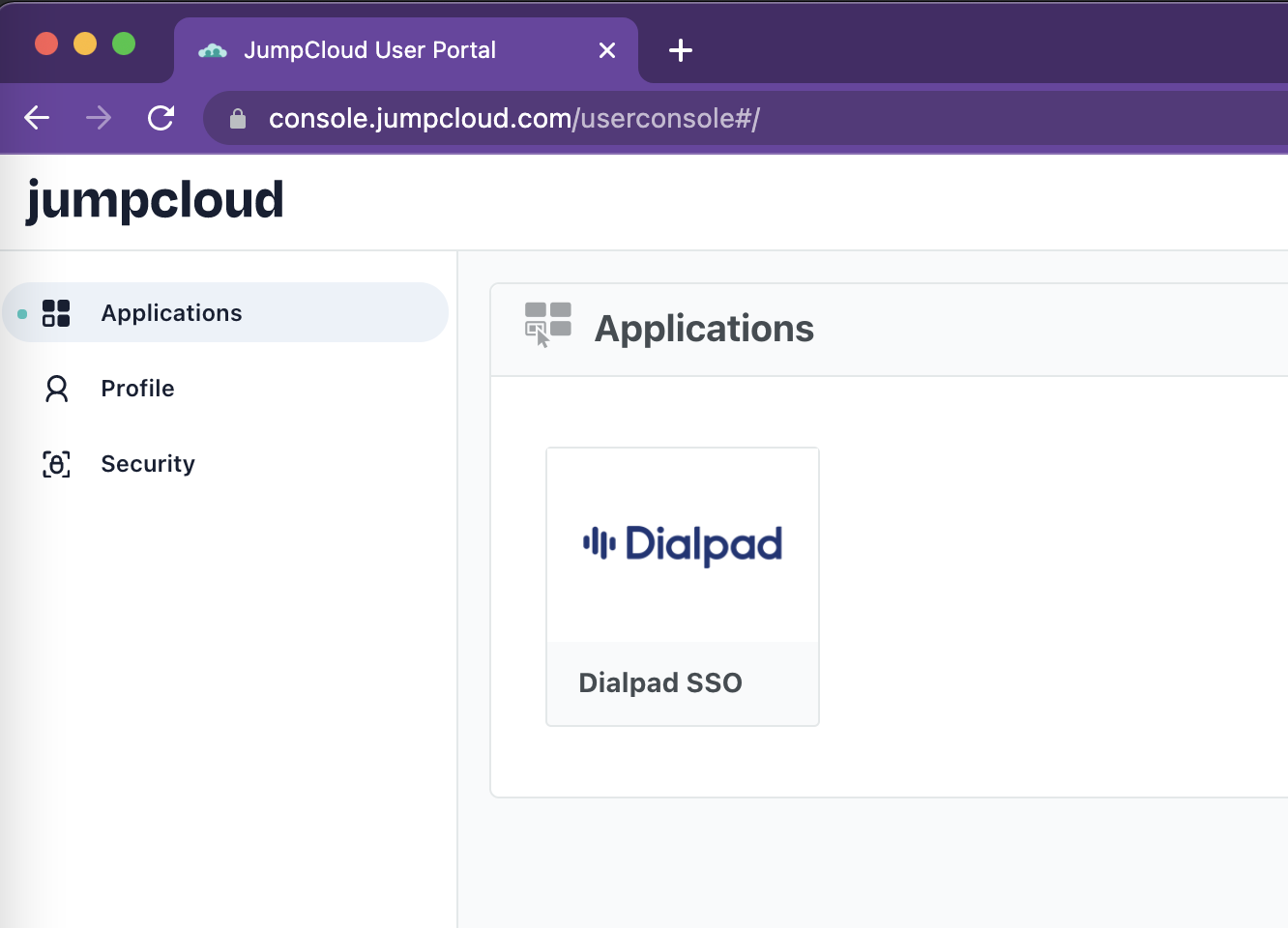 Screenshot of the JumpCloud User Portal displaying the Applications view with a tile for the assigned Dialpad SSO application.