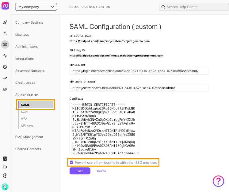 Screenshot of the Dialpad SAML Configuration (custom) page featuring orange boxes highlighting the selected SAML tab under Authentication and the checked Prevent users from logging in with other SSO providers option above the Save button.