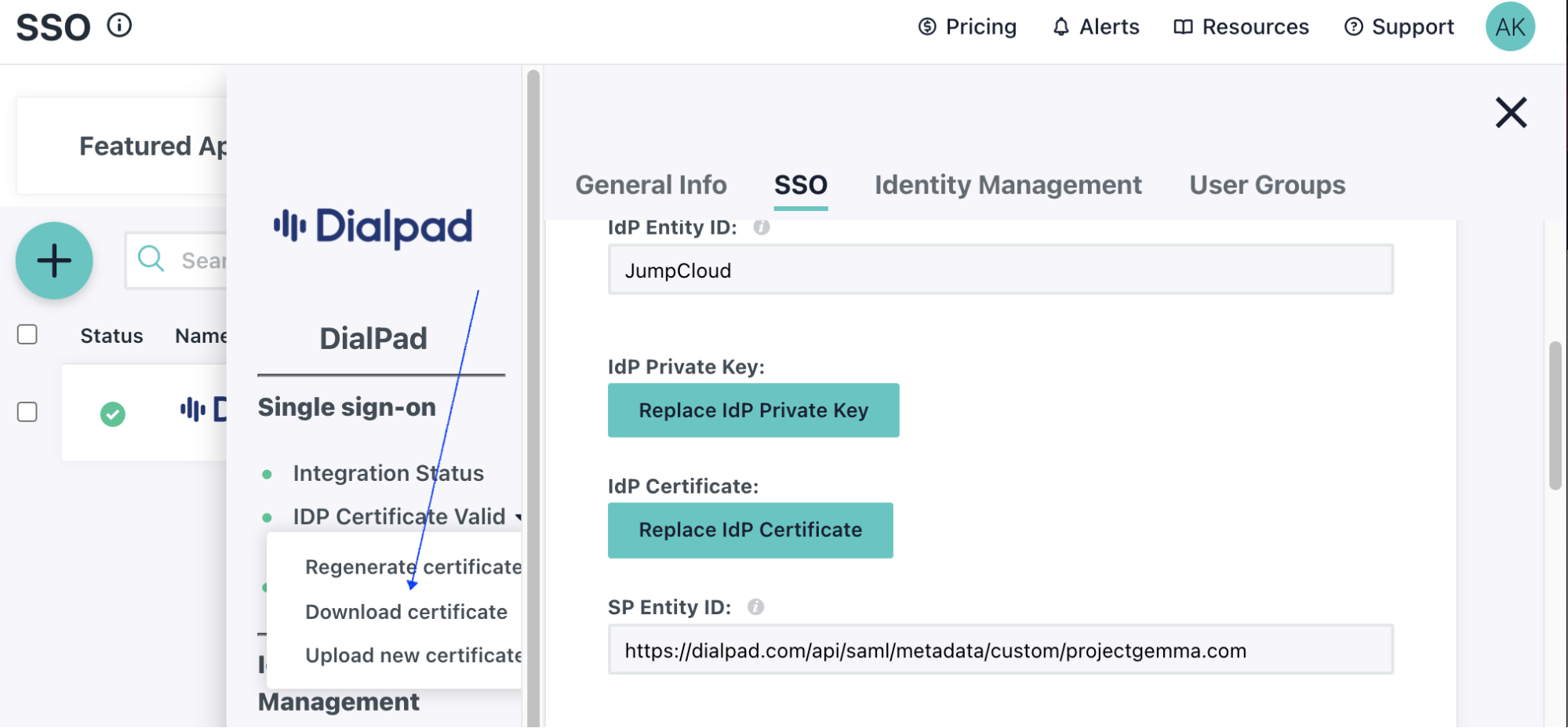Screenshot of the JumpCloud SSO configuration view featuring a blue arrow pointing to 'Download certificate' in a dropdown menu, alongside fields for IdP Entity ID set to 'JumpCloud' and SP Entity ID populated with a custom Dialpad URL.
