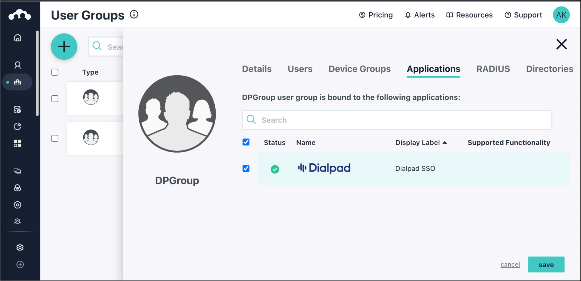 Screenshot of the JumpCloud User Groups interface showing the Applications tab for the DPGroup user group with the Dialpad SSO application selected and checked.