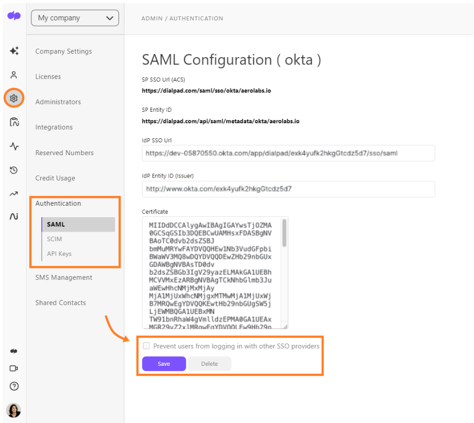 Screenshot of the Dialpad SAML Configuration (okta) page with orange boxes highlighting the selected SAML option under Authentication, the gear settings icon on the left navigation panel, and the Prevent users from logging in with other SSO providers option above the purple Save button.