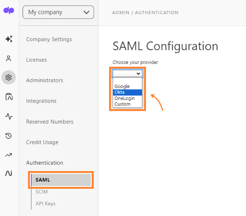 Screenshot of the Dialpad SAML Configuration page with orange boxes highlighting the selected SAML option under Authentication and the provider drop-down menu set to Okta.