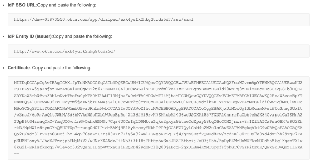 Screenshot of Okta setup instructions showing fields for IdP SSO URL, IdP Entity ID (Issuer), and the X.509 Certificate text box.