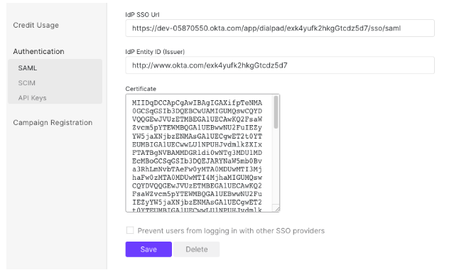 Screenshot of the Dialpad SAML Configuration page displaying populated fields for IdP SSO Url, IdP Entity ID (Issuer), and the Certificate text area above a purple Save button.