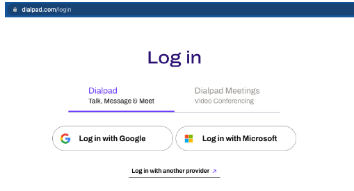 Screenshot of the Dialpad login page at dialpad.com/login displaying options to 'Log in with Google', 'Log in with Microsoft', and a link at the bottom to 'Log in with another provider'.