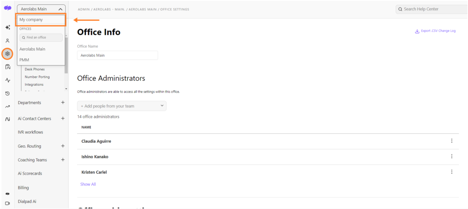Screenshot of the Dialpad Admin Settings page with an orange arrow pointing to My company highlighted in the top-left dropdown menu, alongside an orange circle around the gear icon on the left navigation panel.