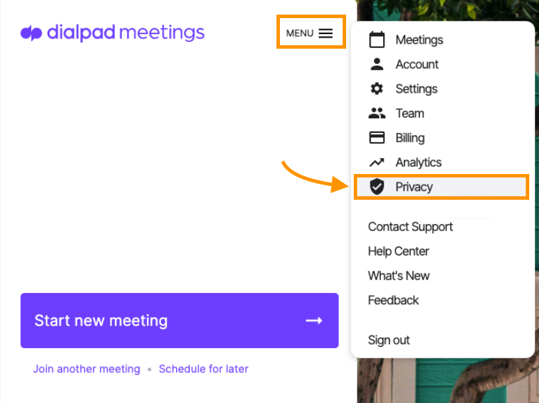 Menu to Privacy button