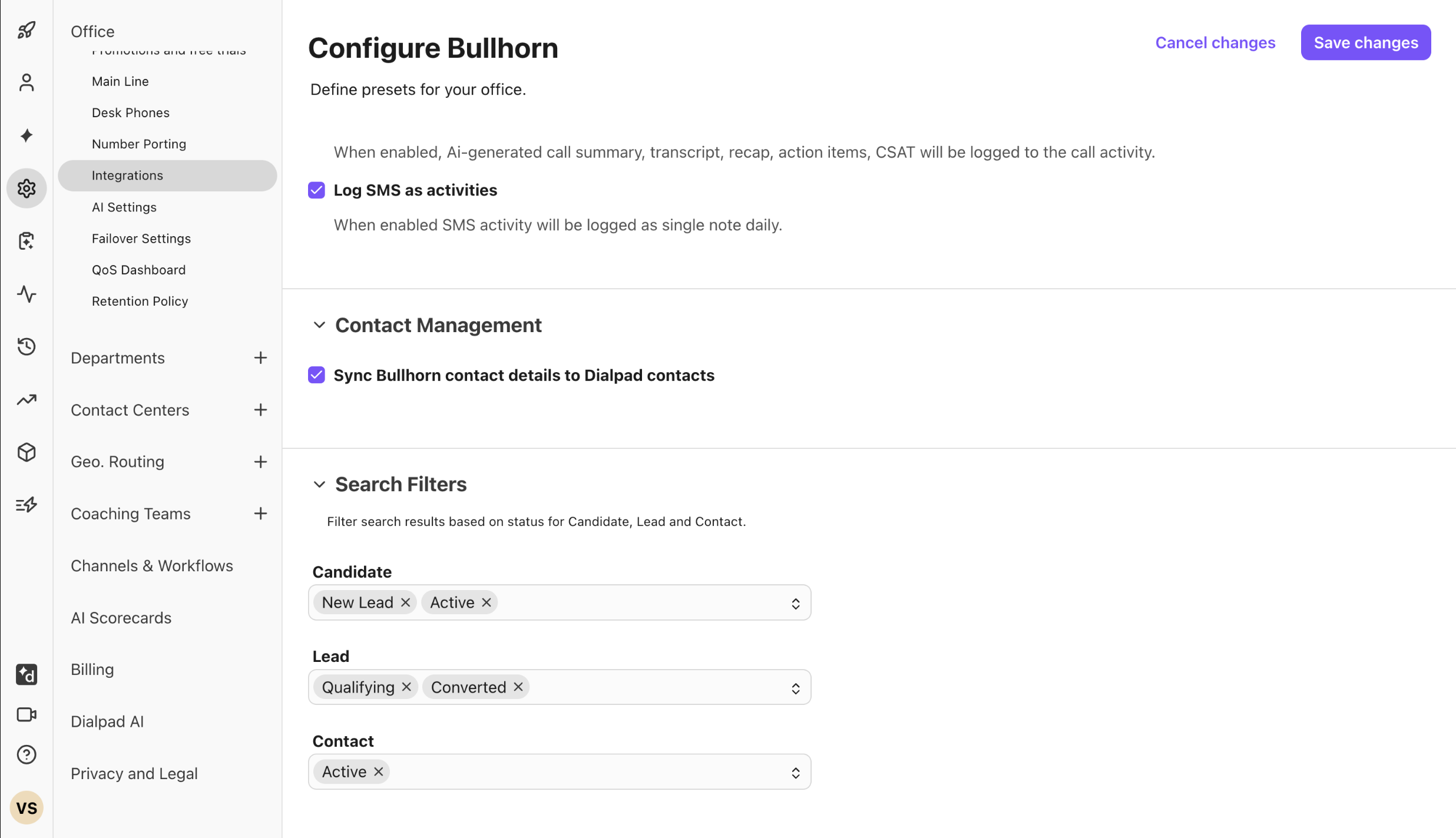 Screenshot of the Configure Bullhorn administration page in Dialpad displaying Search Filters for Candidate, Lead, and Contact status values alongside options for logging SMS activities and syncing contact details.