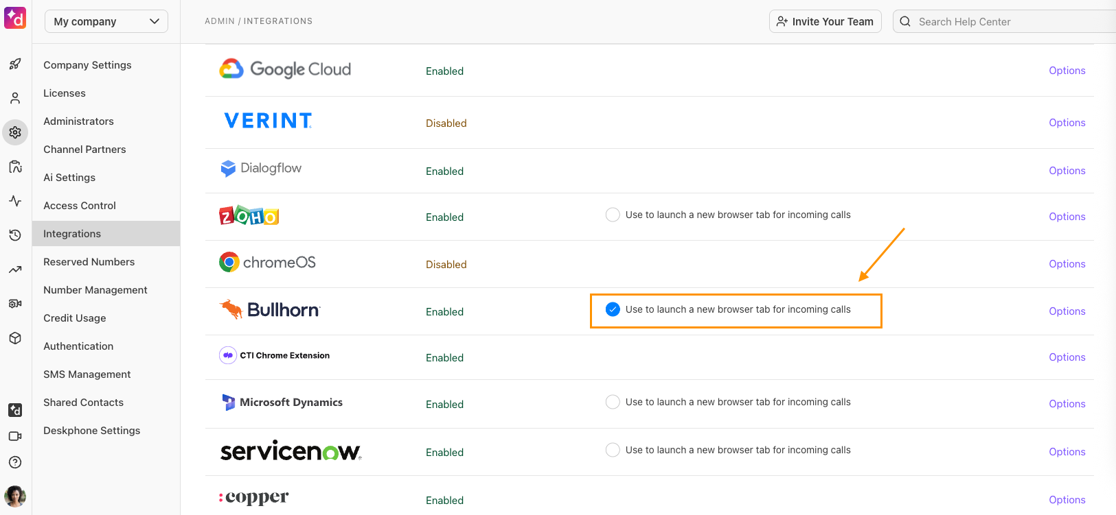 Screenshot of the Dialpad Company Integrations settings page with an orange arrow and box pointing to the selected "Use to launch a new browser tab for incoming calls" radio button next to the Bullhorn integration.