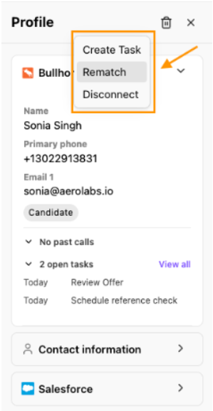 Screenshot of the Bullhorn widget in the Dialpad Profile sidebar featuring an orange arrow and box pointing to the dropdown menu options, with Rematch highlighted above Disconnect and Create Task.