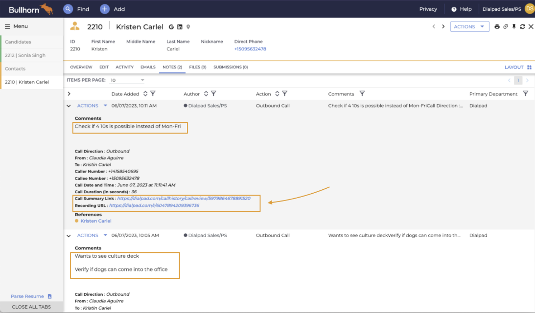 Screenshot of a candidate record page in Bullhorn under the Notes tab, featuring orange boxes highlighting user notes and an orange arrow pointing to the Dialpad Call Summary Link and Recording URL within the call log comments.