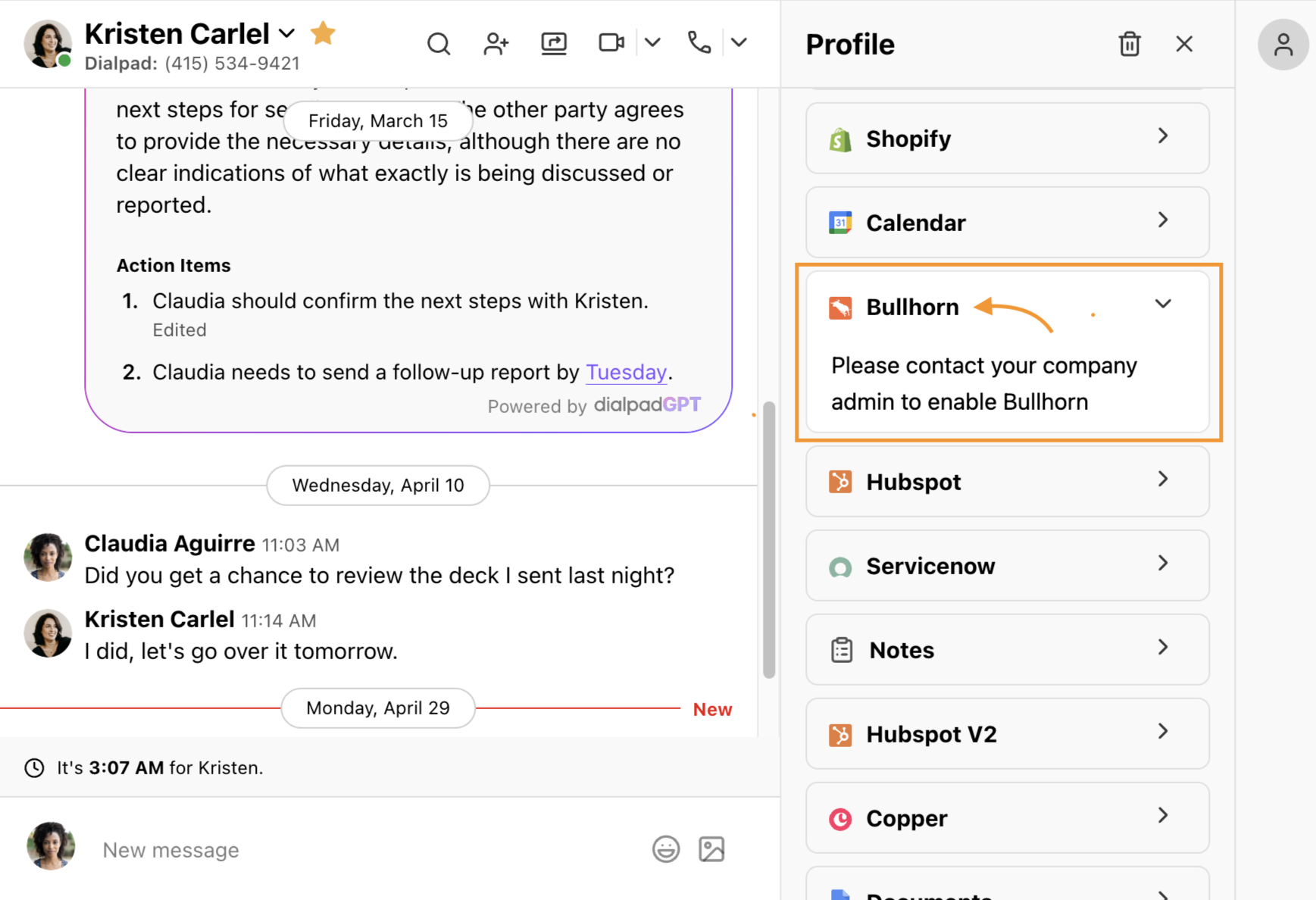 Screenshot of the right-hand Profile sidebar in the Dialpad app with an orange box and arrow pointing to the expanded Bullhorn widget displaying the message "Please contact your company admin to enable Bullhorn."