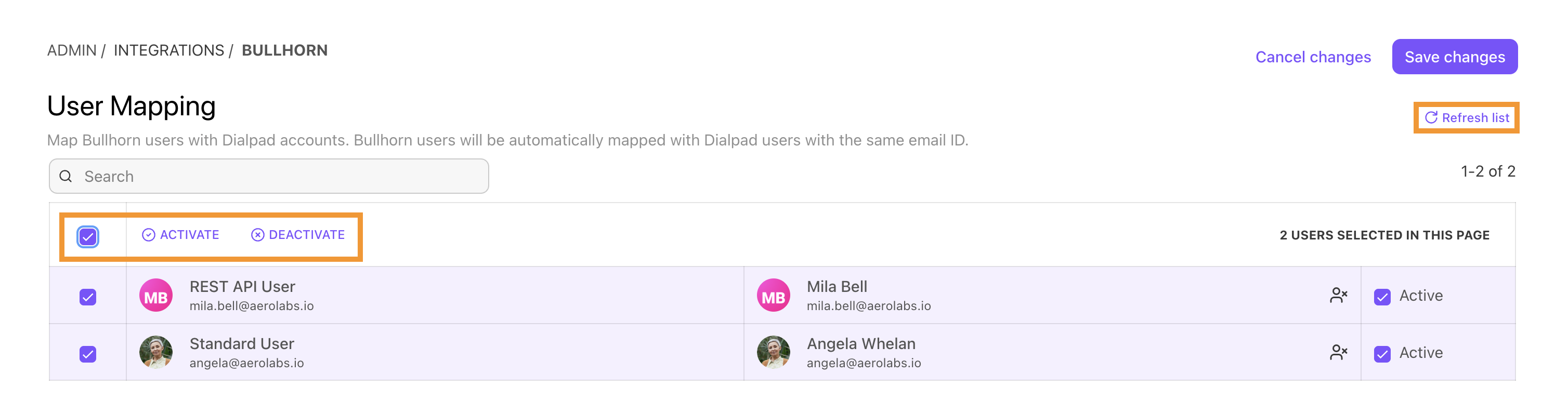 Screenshot of the Bullhorn User Mapping settings page in Dialpad with orange boxes highlighting the Refresh list button in the upper right and the bulk Activate and Deactivate buttons above the user list.