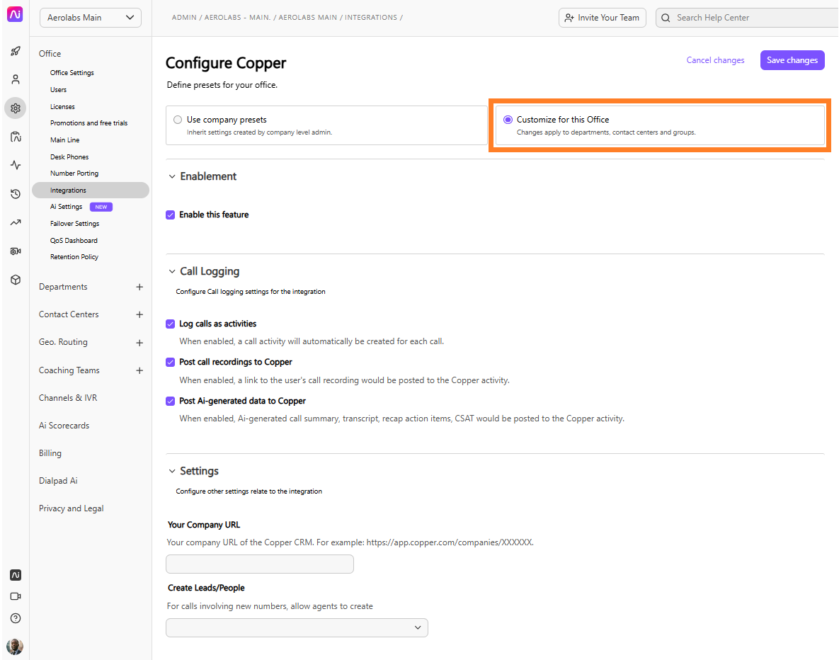 Screenshot of the Configure Copper office presets page in Dialpad with an orange box highlighting the selected Customize for this Office radio button option.
