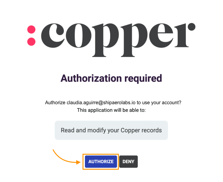 Screenshot of the Copper "Authorization required" prompt displaying a request to read and modify records, with an orange arrow and box highlighting the blue AUTHORIZE button next to DENY.