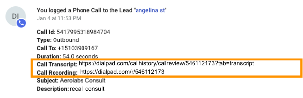 Screenshot of a logged phone call entry in Copper showing call details with an orange box highlighting the Call Transcript and Call Recording URL links to Dialpad.