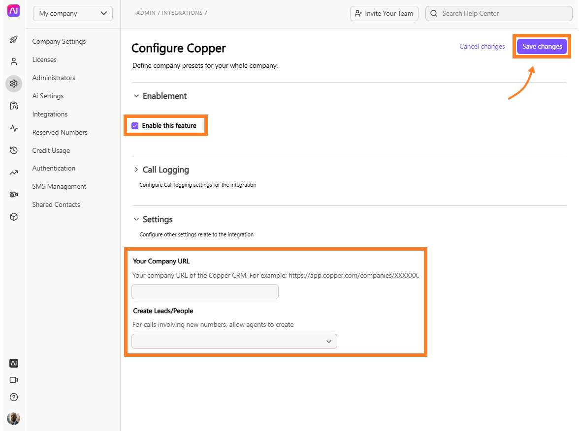 Screenshot of the Configure Copper page in Dialpad with orange boxes highlighting the checked "Enable this feature" option, the Settings section containing "Your Company URL" and "Create Leads/People" fields, and an arrow pointing to the "Save changes" button in the upper right.