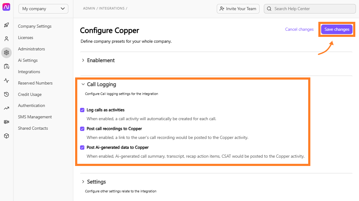 Screenshot of the Configure Copper page in Dialpad with an orange box highlighting the Call Logging options (Log calls as activities, Post call recordings to Copper, and Post Ai-generated data to Copper) and an orange arrow pointing to the Save changes button in the upper right.