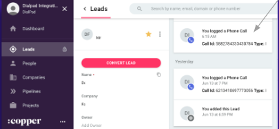 Alt Text Option  Screenshot of a Lead record in the Copper interface with a grey arrow pointing to a logged Phone Call activity entry showing the Call ID and call type details.