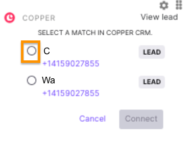 Screenshot of the Copper integration widget displaying the "SELECT A MATCH IN COPPER CRM" menu with an orange box highlighting the radio button selection for a lead next to the Connect and Cancel options.