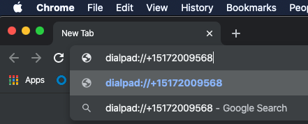 Screenshot of a Chrome address bar with the custom URL protocol "dialpad://+15172009568" typed into the URL field to trigger a call.