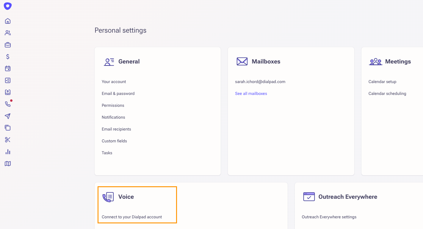 Screenshot of the Outreach Personal Settings page with an orange box highlighting the Voice card option titled "Connect to your Dialpad account."