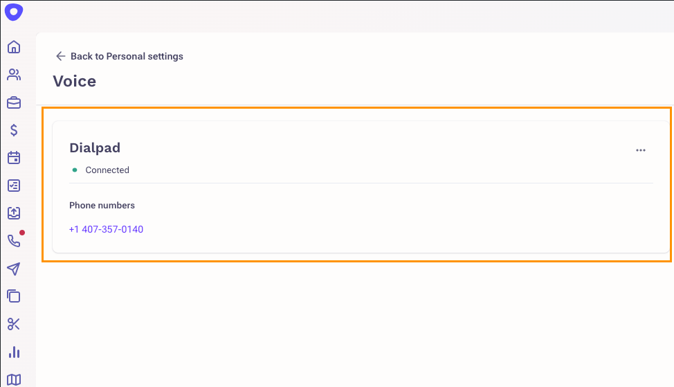 Screenshot of the Outreach Voice settings page enclosed in an orange box, displaying Dialpad with a green "Connected" status indicator and an associated phone number.