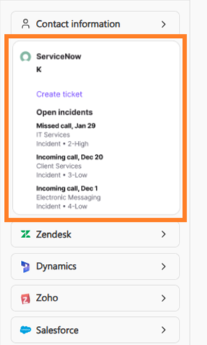 Screenshot of a contact profile's sidebar with an orange box highlighting a matched ServiceNow record showing options to create a ticket and a list of open incidents.