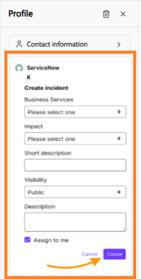 Screenshot of the ServiceNow "Create incident" form in Dialpad enclosed in an orange box, showing fields for Business Services, Impact, Short description, Visibility, Description, and an "Assign to me" checkbox, with an orange arrow pointing to the Create button.