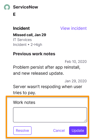 Screenshot of an open ServiceNow Incident widget in Dialpad with an orange box highlighting the Work notes text input box alongside Resolve, Cancel, and Update buttons.