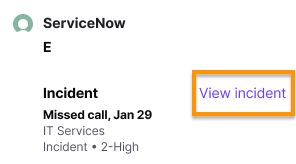 Screenshot of the ServiceNow Incident details section in Dialpad with an orange box highlighting the "View incident" link.