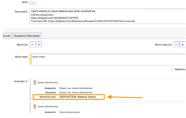 Screenshot of a ServiceNow ticket record showing the Activities field with an orange box and arrow pointing to "Resolution notes" containing the synced call disposition entry "DISPOSITION: Balance Inquiry."