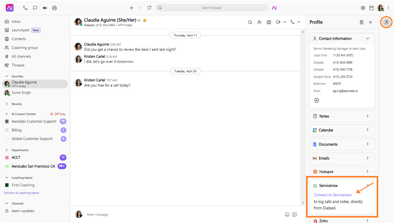 Alt Text Option  Screenshot of the Dialpad contact view showing the Profile sidebar, with an orange box highlighting the profile icon at the top right and another orange box and arrow pointing to the "Connect to ServiceNow" link under the ServiceNow section.