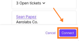 Screenshot of a ServiceNow contact match menu displaying the selected contact card indicated by an orange arrow, with an orange box highlighting the purple Connect button next to Cancel.