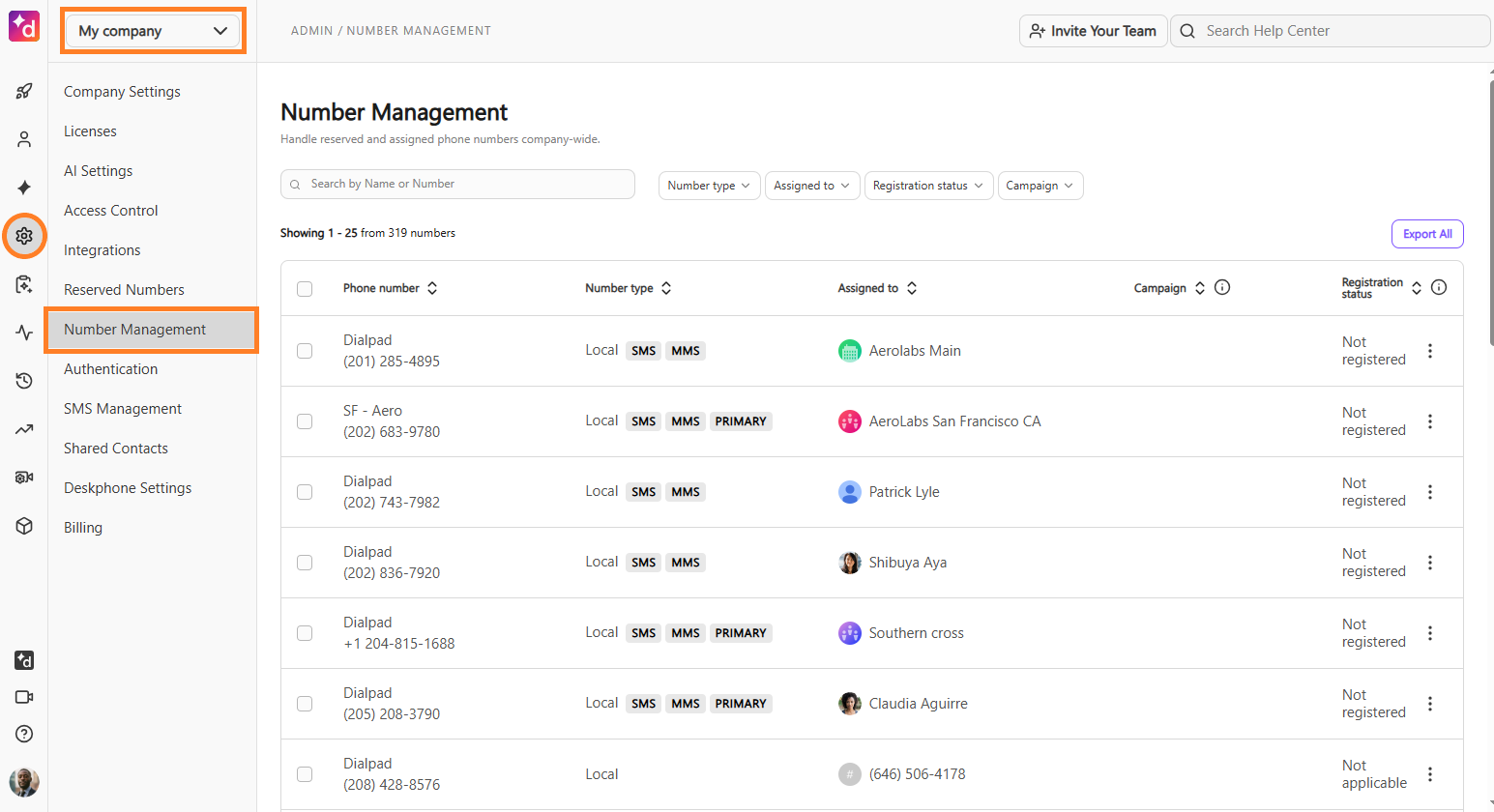 Dialpad Admin Settings navigation sidebar under Company Settings, highlighting the "Number Management" tab.