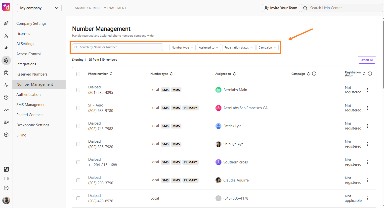 Dialpad Number Management page showing a filter bar to search by phone number, assignee, number type, campaign, or registration status above a table of company numbers.