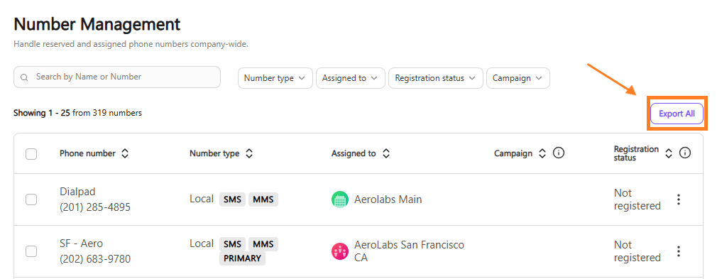 Top-right section of the Number Management dashboard highlighting the "Export All" button to download a CSV list of company numbers.