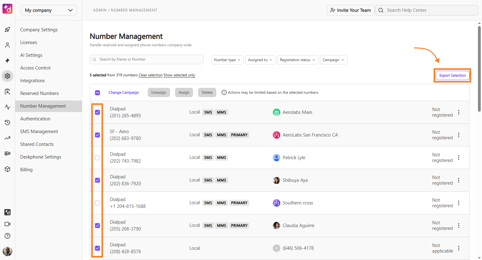 Top-right section of the Number Management dashboard highlighting the "Export All" button to download a CSV list of company numbers.