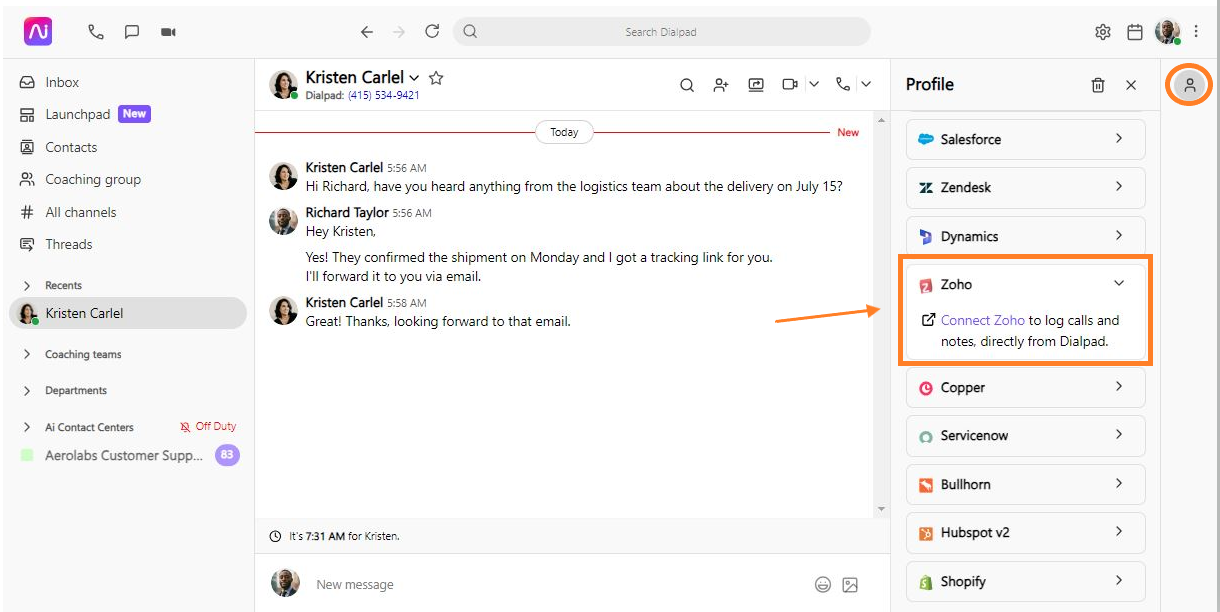 Screenshot of the Dialpad application showing a contact's profile sidebar, with an orange circle highlighting the profile icon in the top-right corner and an orange box and arrow pointing to the "Connect Zoho" option under the Zoho section.
