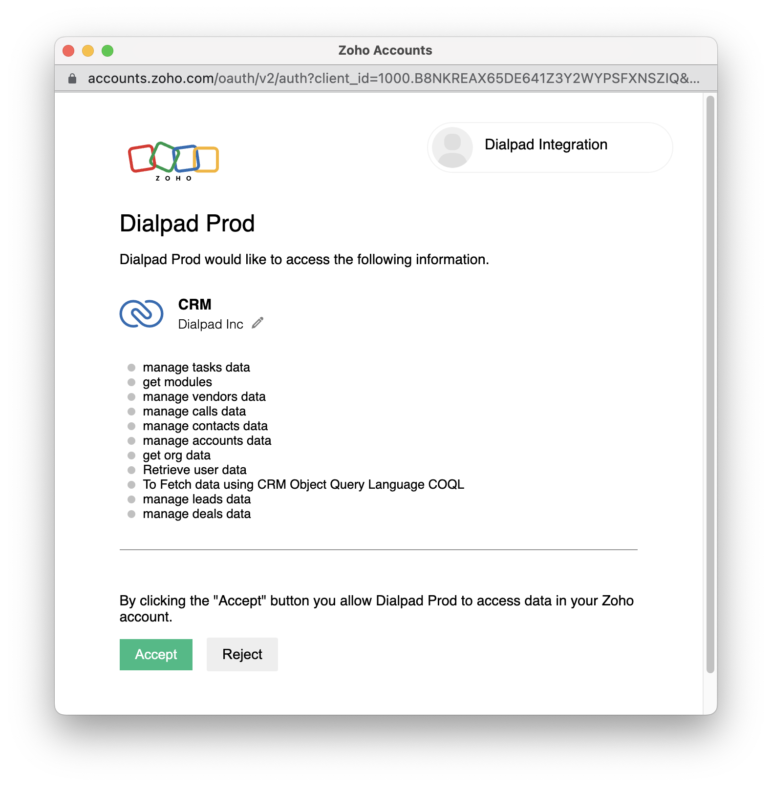 Screenshot of the Zoho Accounts OAuth authorization page for "Dialpad Prod," listing required CRM permissions alongside green Accept and grey Reject buttons.