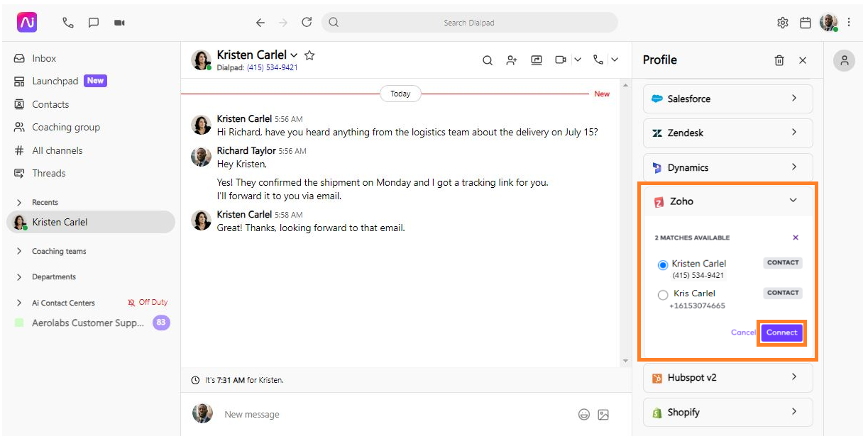 Screenshot of the Dialpad profile sidebar showing the Zoho integration widget displaying "2 MATCHES AVAILABLE," and an orange box highlighting the purple Connect button.