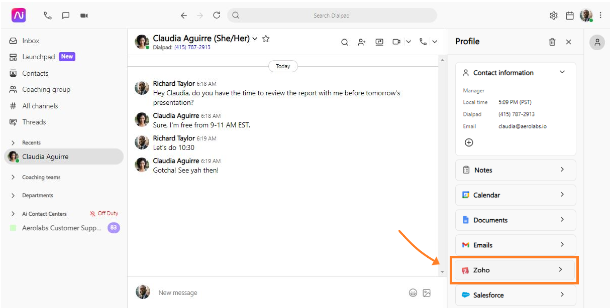 Screenshot of a contact profile sidebar in Dialpad with an orange box and arrow highlighting the Zoho section.
